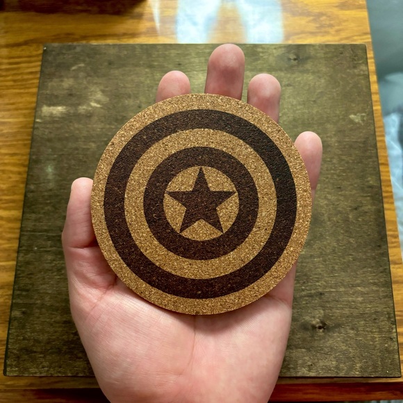 Captain America Shield Laser Engraved Cork Coaster - Picture 3 of 5